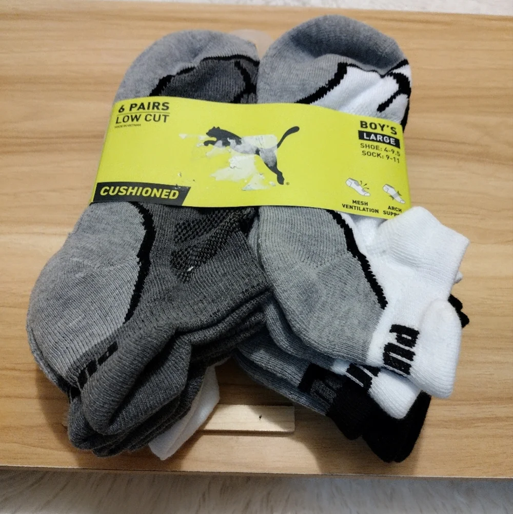 Puma Boys Low Cut Cushioned 6 Pair Multi-Pack Socks Boy Shoe Size 4-9.5 NWT